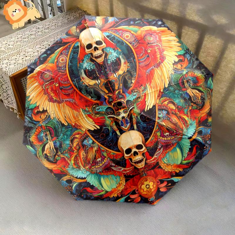 0106 Зонт-трость с автоматическим сложением, рисунок «Череп с цветными крыльями», портативный и складной дизайн, 8 спиц, рождественский или день рождения подарок.