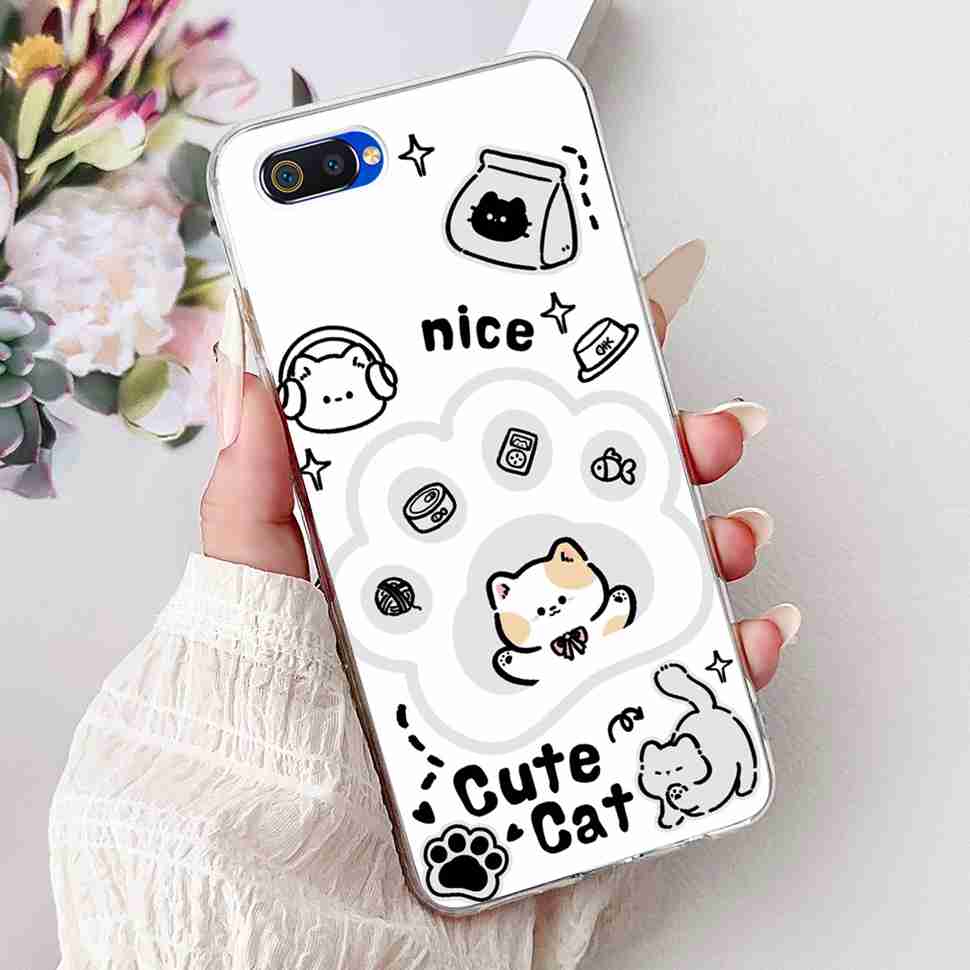 For Realme C2 RMX1941 6.1" Case Summer Fresh Mint Soft Silicone TPU Cover For Oppo Realme c2 C2 Luxurious Flowers Bumper Shell