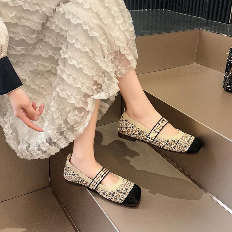 Модные туфли на плоской подошве для женщин, элегантные туфли с квадратным носком Zapatos Mujer, женские трикотажные туфли с мягкой подошвой, дышащие, нескользящие, тренд 2024 года