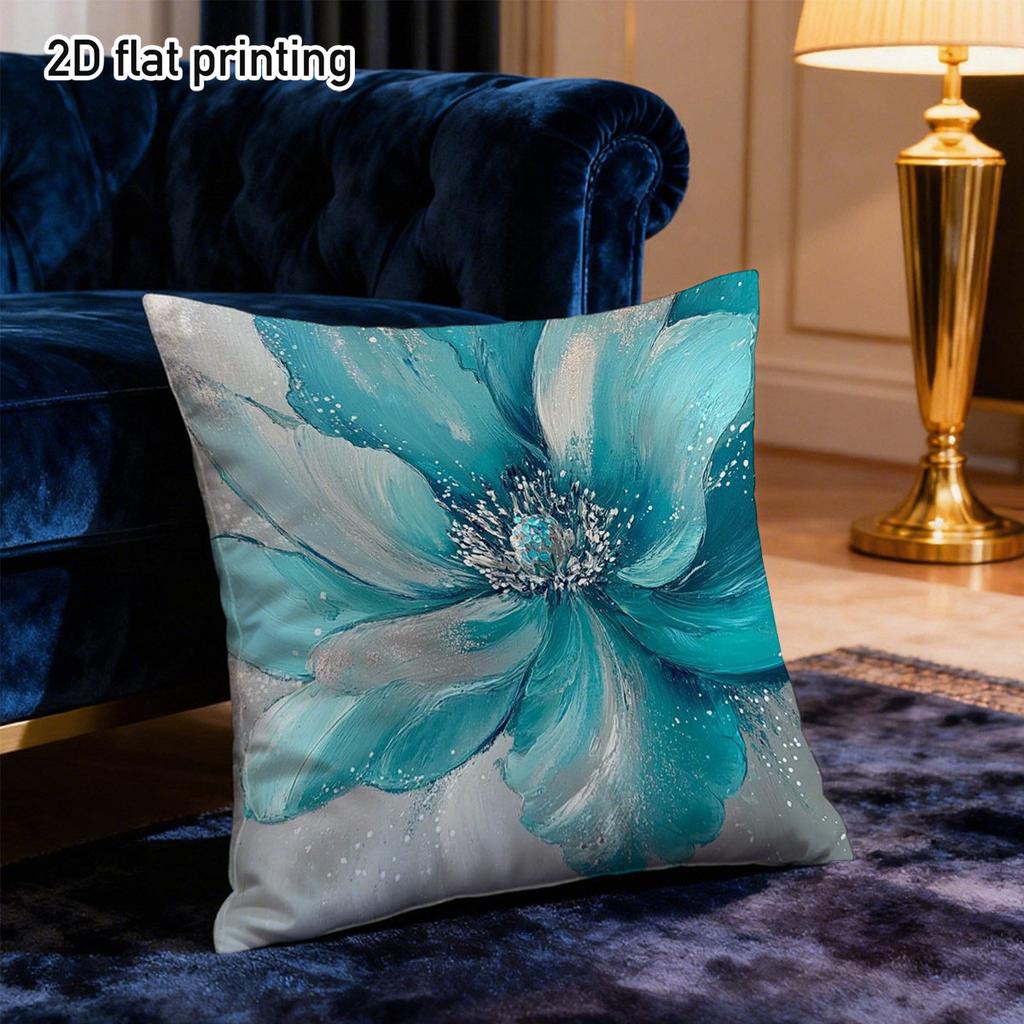 Abstract Teal Flower Throw Pillow Cover, Modern Turquoise Floral Oil Painting Print Decorative Cushion For Living Room Couch