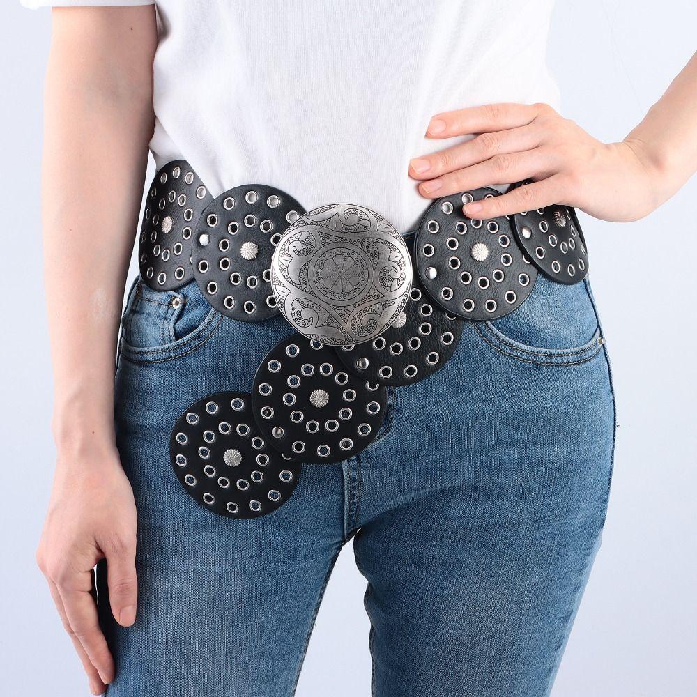 Exaggerated Cowboy Disc Belt Western Style Wide Disc Belt Hollow Belt for Women