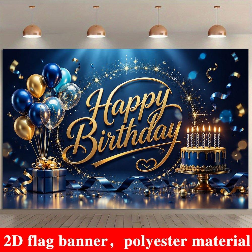 2D Flat Banner, Blue and Golden Party Backdrop, Balloons, Gift Boxes, Cakes, Ribbons
