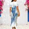 Women Plus Size V Neck Short Sleeve Blue White Printed Fitted Fishtail Dress