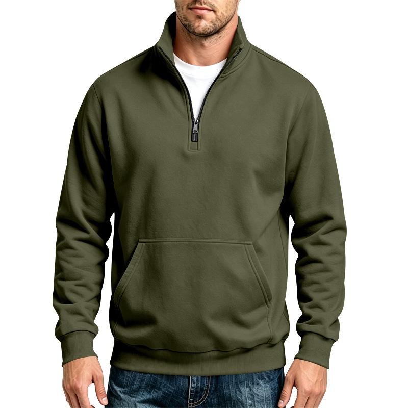 Men S Casual Fleece Lined Stand Collar Zip Pullover Solid Color Sweatshirt