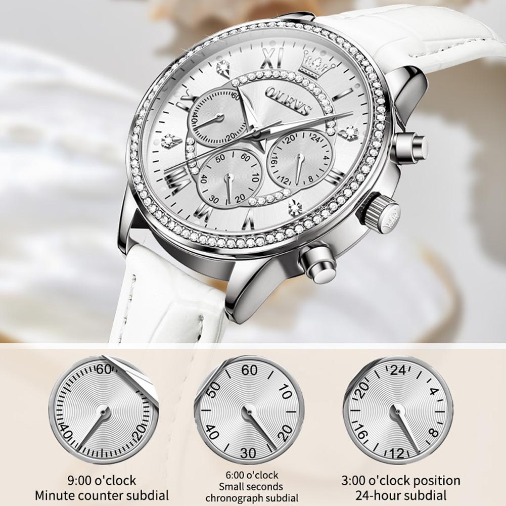 Women's Watches Fashion Elegant Diamond Bezel Watch for Ladies Soft Leather Strap Waterproof Luminous Chronograph