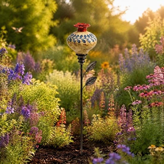 Floral Garden Bird Bath Hummingbird Feeder Stake, Vintage Resin Flower Decorative Feeder, Wild Watering Supplies Nectar for Yard Backyard Hummingbirds