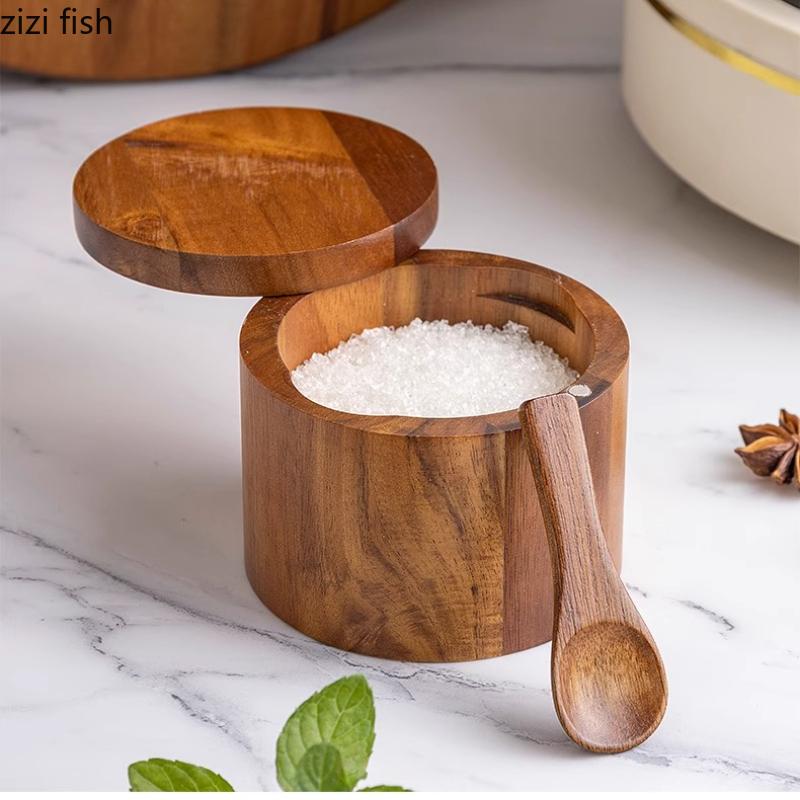 Solid Wood Seasoning Jar with Spoon Magnetic Lid Spice Jar Spice Box Salt Shaker Moisture Proof Seasoning Bottle Storage Jars