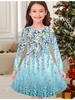Girls' Autumn and Winter Fashion Dress, 3D Flower Print Round Neck Long Children's T-shirt Dress, Casual Versatile, Christmas Clothing