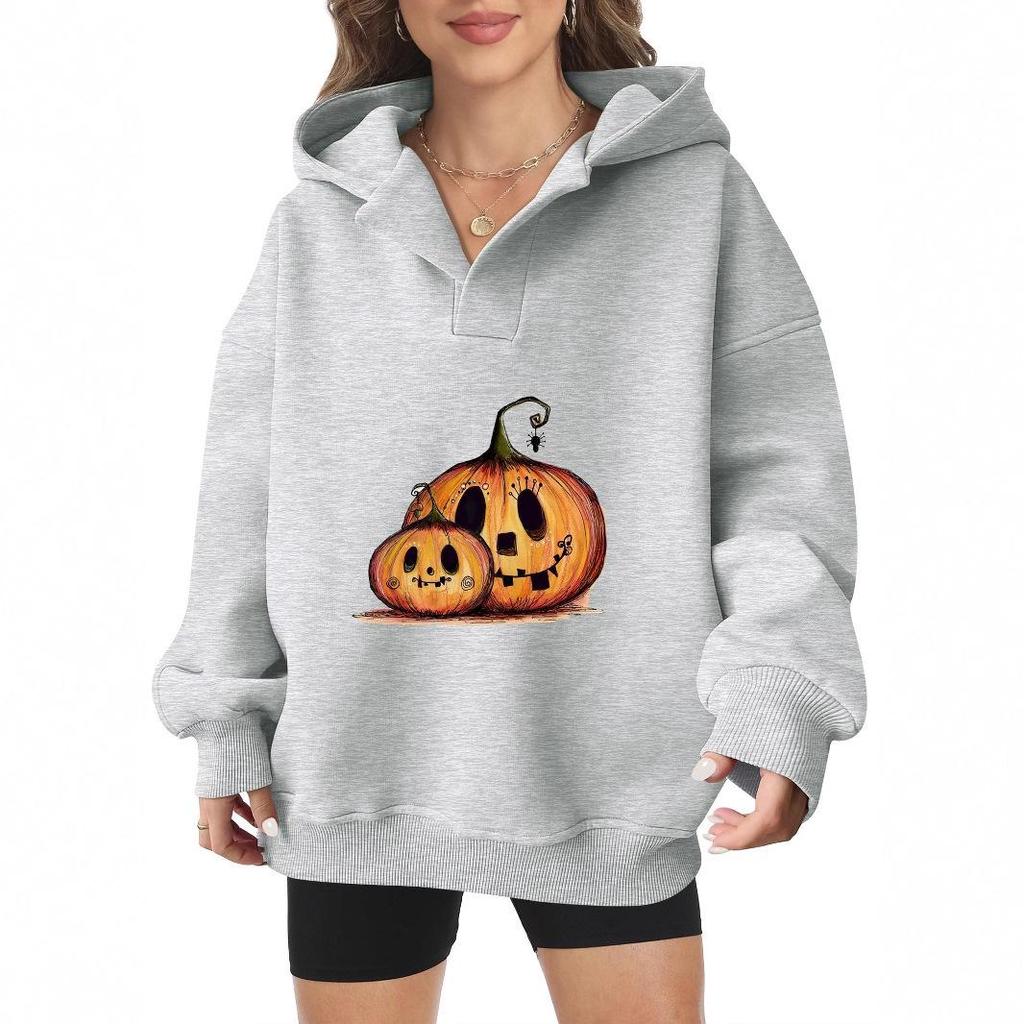 Women's loose Halloween pumpkin hooded sweatshirt, printed and plush pullover, American casual thick autumn and winter hoodie