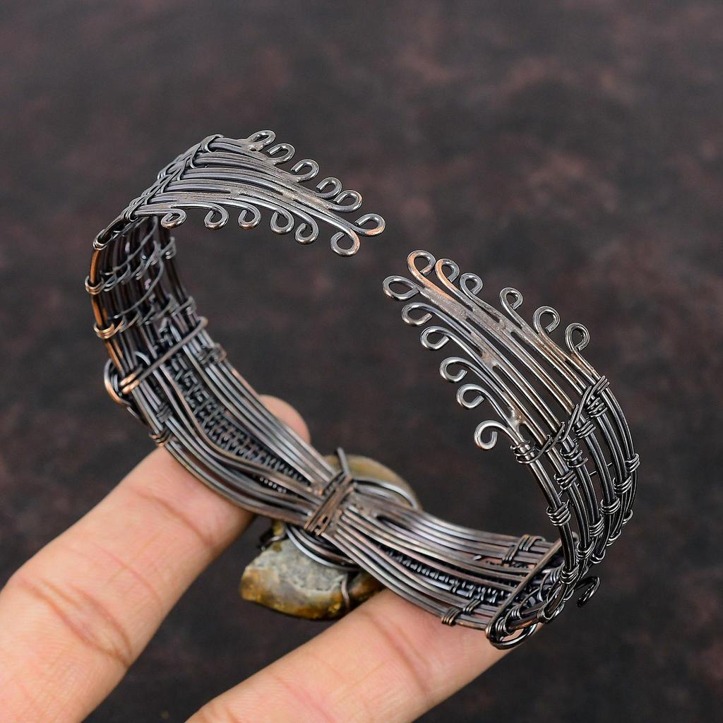 Браслет из аммонитовой окаменелой медной проволоки, браслет-манжета, браслет-манжета, регулируемая манжета, медная проволока ручной работы, ювелирные изделия, браслет из аммонитового ископаемого драгоценного камня