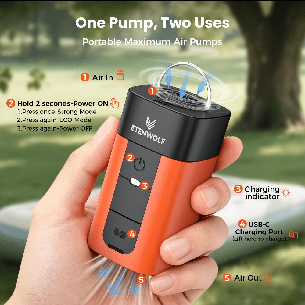 ETENWOLF AIR 2 Electric Air Pump 3200mAh 2X Faster Inflation & Deflation Pump for Air Mattress Sleeping Pads Vacuum Storage Bags