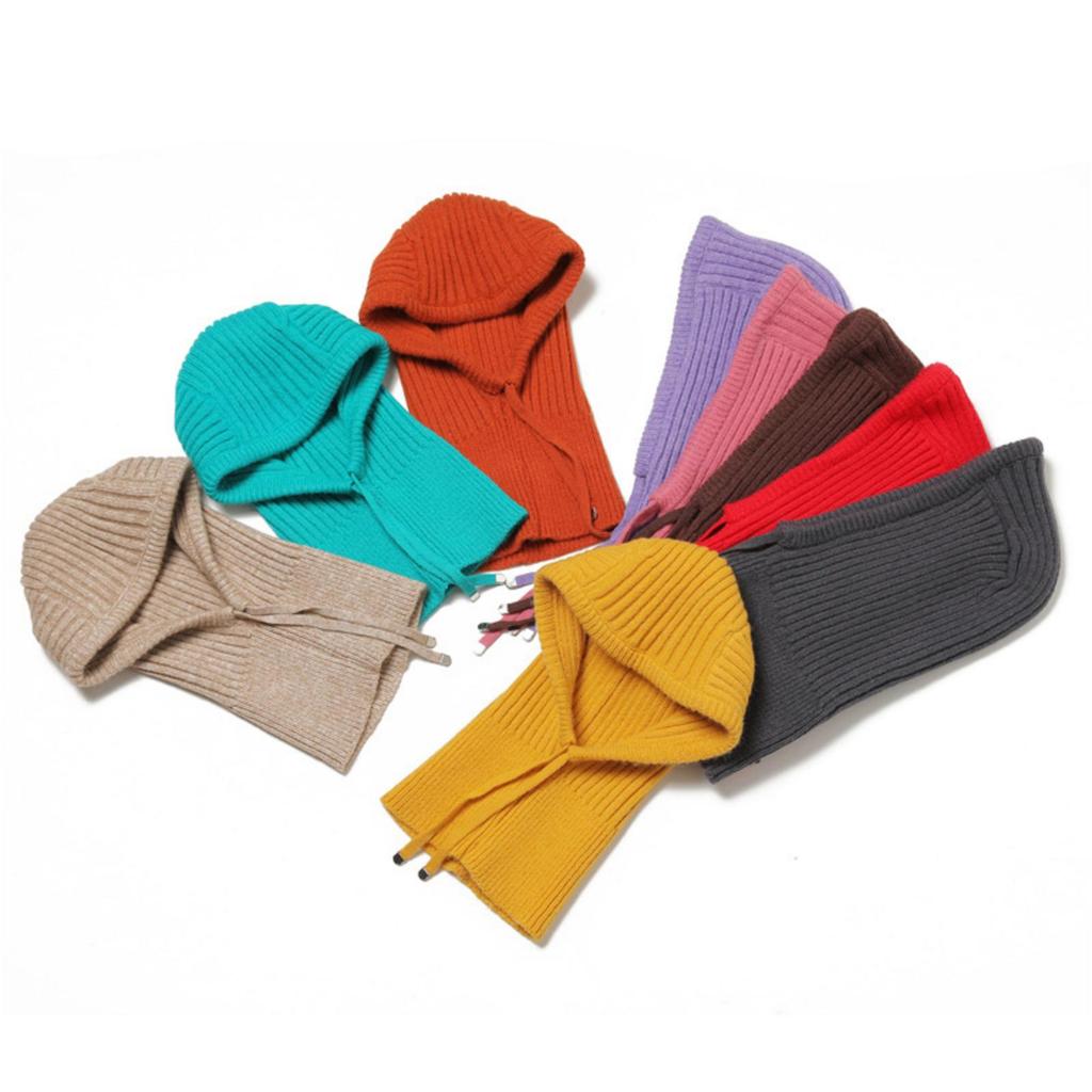 Winter Pullover Cap Ring Scarf Women Woolen Yarn Neck Hat Fashion Knitted Balaclava Warm Solid Color Muffler Outdoor