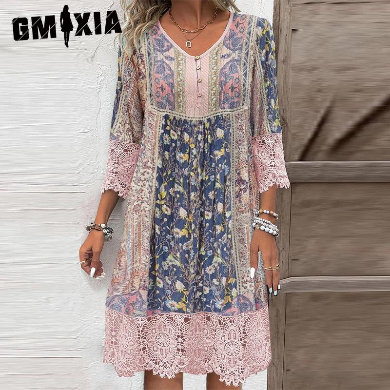 HNXC Женские модные летние весенние однотонные платья с принтом, длинным рукавом, V-образным вырезом, повседневные