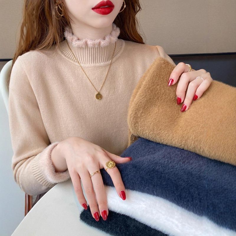 One-piece Fleece Sweater Women's Autumn and Winter New Fleece Thickened Bottoming Shirt with Warm Knitted Semi-turtleneck Top