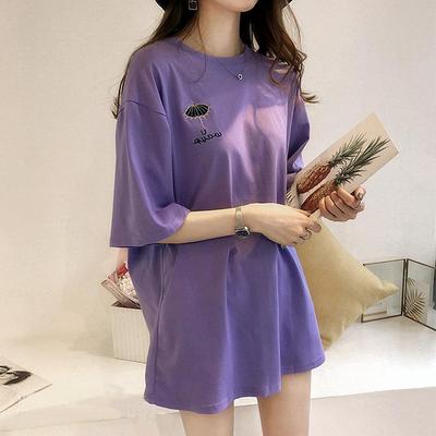 Женская свободная хлопковая футболка больших размеров с короткими рукавами и вышивкой зонтиком больших размеров