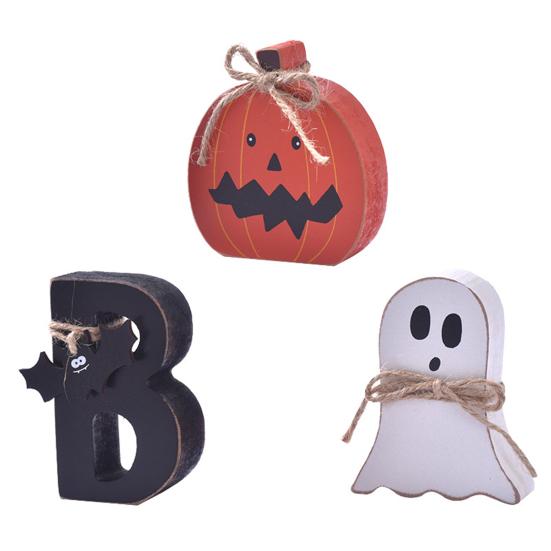 Halloween Tabletop Decor for Home 3 Pcs Indoor Table Decoration, Cute Ghost Wooden Sign with Jute Rope, Farmhouse Holiday Accents Rustic BOO