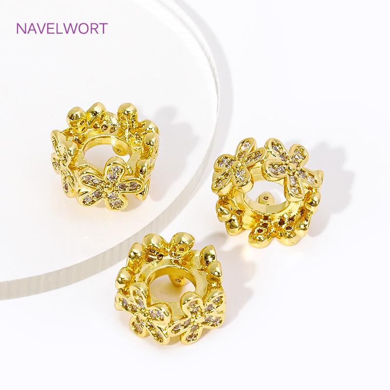 Wholesale 18K Gold Plated Inlaid Zircon Flowers Spacer Beads,Metal Large Hole Beads For DIY Jewelry Making Supplies Accessories