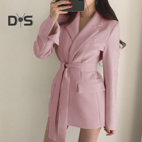 Весна Осень Костюм Пальто Длинный Рукав Шнуровка Ремень Талия Костюм Пиджак Однотонный Цвет Карманы Клапаны Средняя Длина Деловая Верхняя Одежда