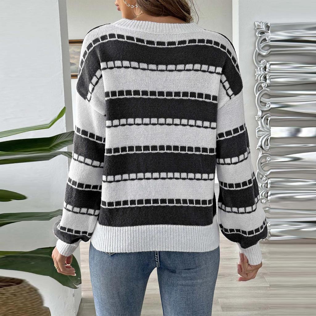 Women's Clashing Patchwork Stripe Colour Block Pullover Sweater Bottom Sweater