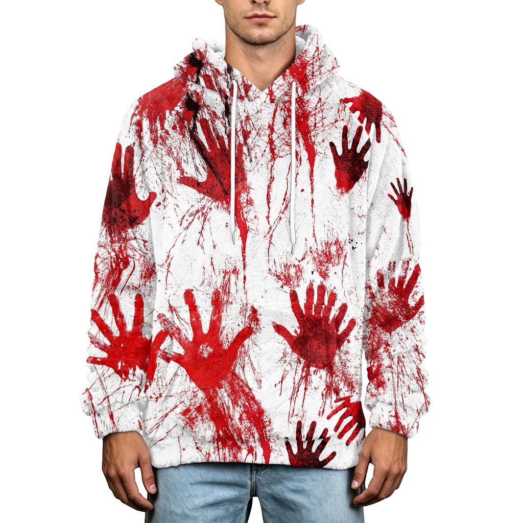 Men's Fall Winter Halloween Print Plus Size Hooded Flannel Sweatshirt Casual Trendy Streetwear