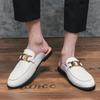 New Men Black White Metal Button Half Slippers Driving Shoes Male Casual Mules Moccasins Breathable Loafers Zapatos Hombre