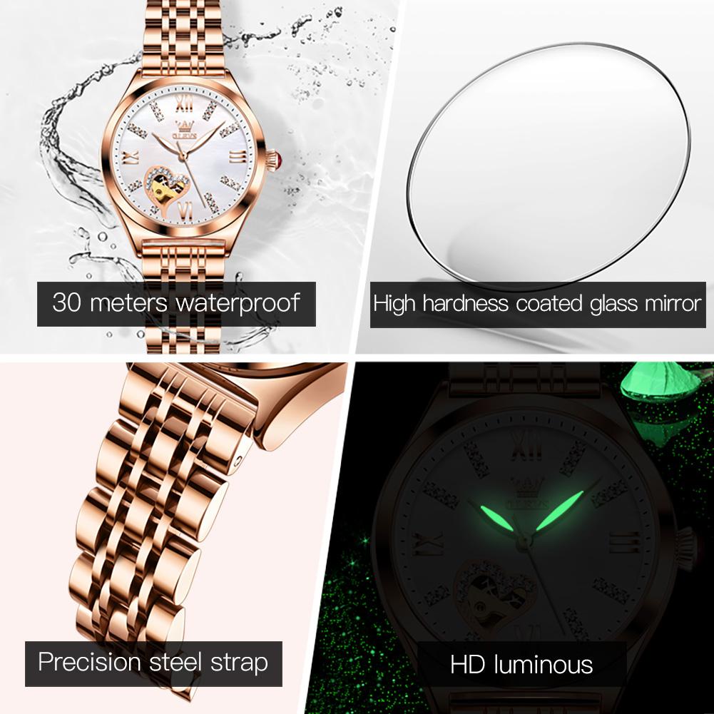 OLEVS Women's Watches Elegant Luxury Rose Gold Original Automatic Mechanical Wristwatch for Lady Hollow Out Lover Movement New