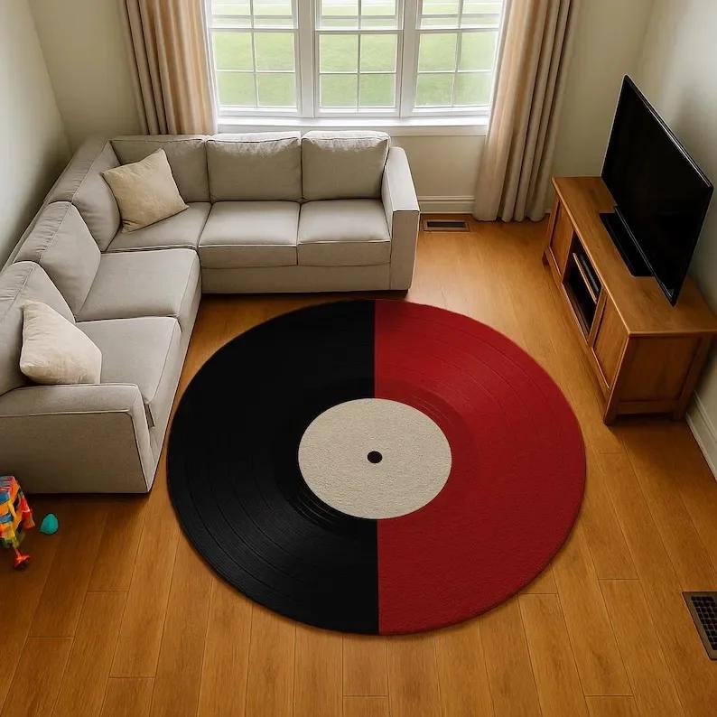 Vinyl Record Round Rug, Music Themed Black  White Carpet, Soft Non-Slip Decor Mat for Living Room  Bedroom