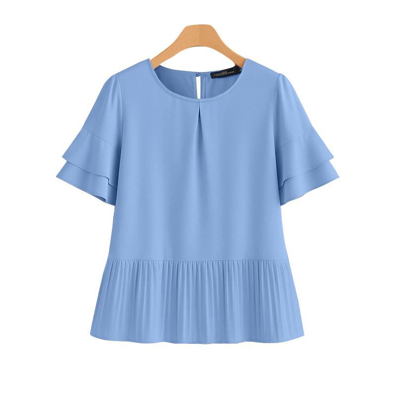 ZANZEA Женская повседневная однотонная блузка с круглым вырезом и коротким рукавом