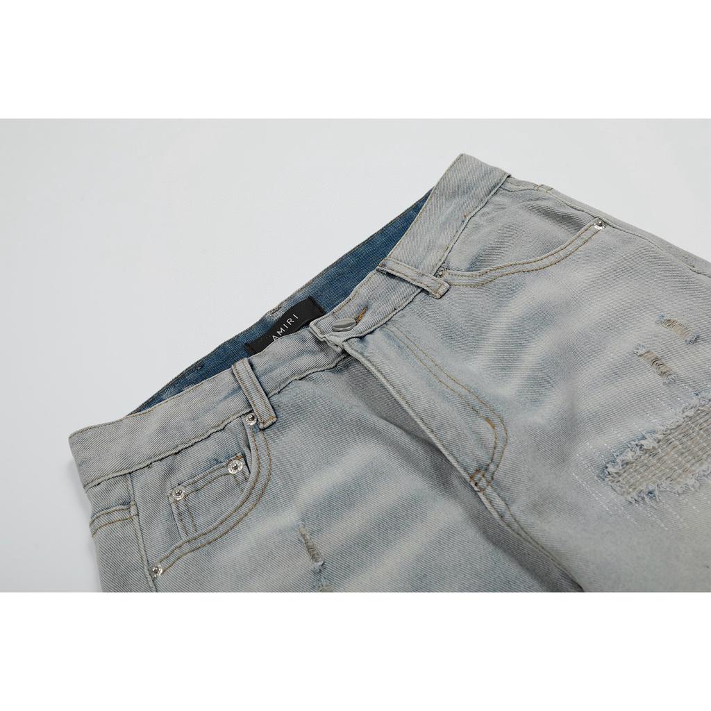 M48 Amiri Men's and Women's American Style Trendy Jeans with Fabric Patches, Holes, Embroidery, Casual and Fashionable High Street Pants