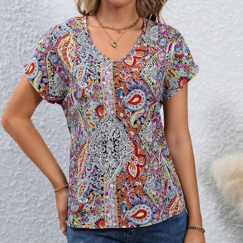 Богемная летняя женская блузка с принтом в стиле ретро, ​​повседневные топы, элегантные пляжные свободные рубашки с коротким рукавом для женщин, модные праздничные женские блузки 24482
