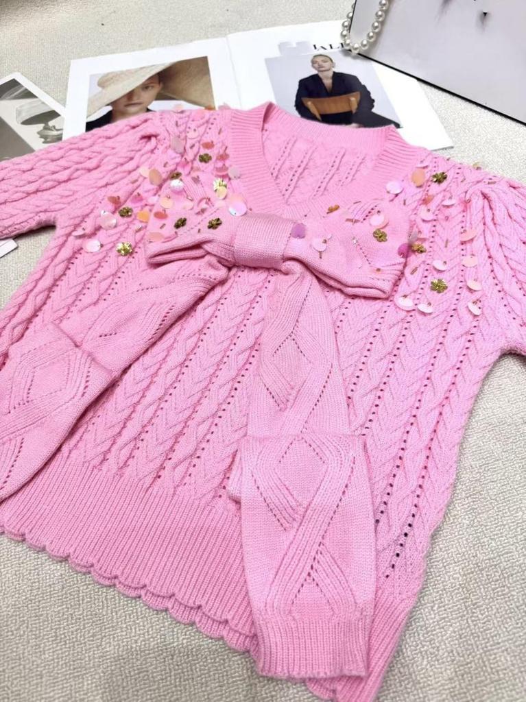 Premium Pink Sequin Bow V-Neck Knit Top – Long Sleeve, Versatile, Youthful Spring Style