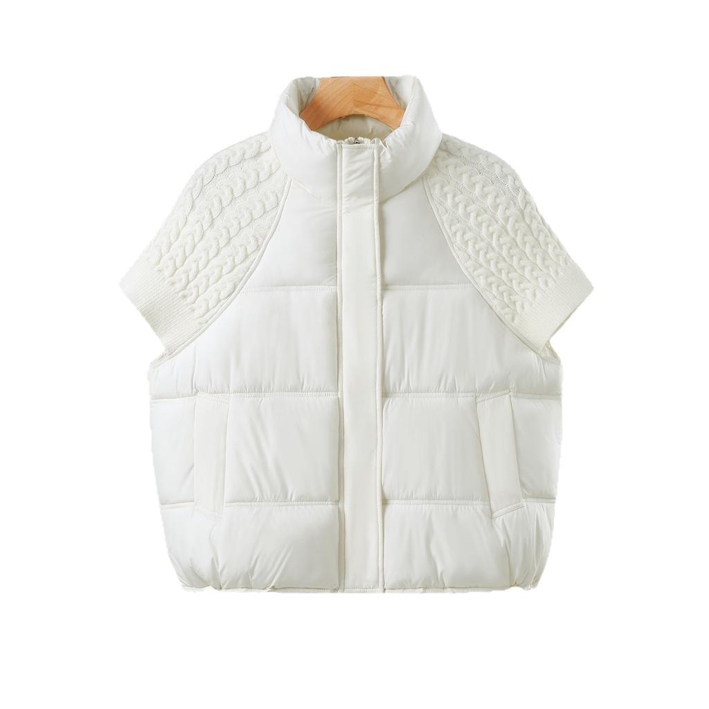 Loose shoulder short-sleeved cotton vest women's twist knitted splicing stand-up collar drawstring vest women's clothing manufacturers directly supply