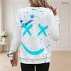 Women Plus Size Round Neck Long Sleeve Ribbed Cuffs Blue Pink White Printed Sweatshirt
