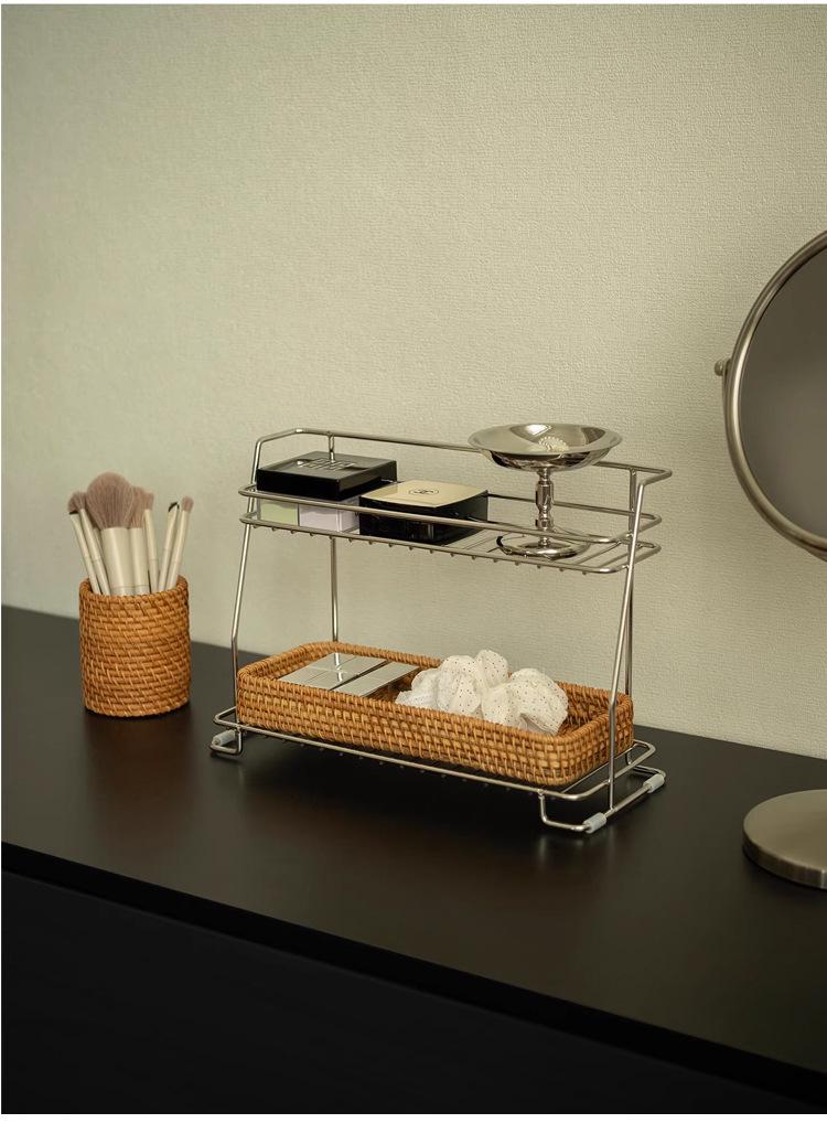 Hand-Woven Natural Rattan Storage Basket for Cosmetics and Desktop Organizing with a Retro High-End Feel