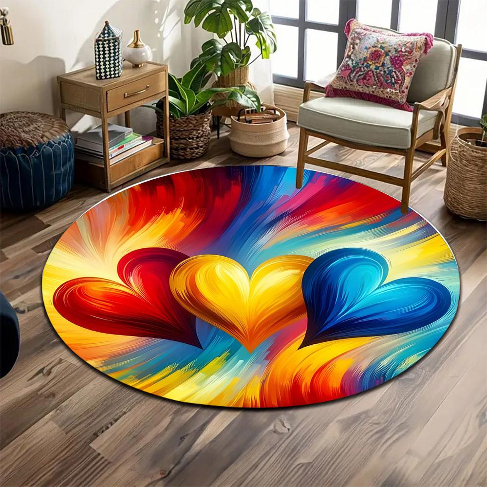 Colorful Abstract Heart Design Print round rug, living room, bedroom, playroom carpet, non slip floor mat, gift