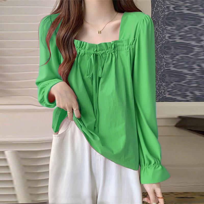 VONDA Женские блузки топы с квадратным вырезом, длинным рукавом, шнуровкой, однотонные, элегантные