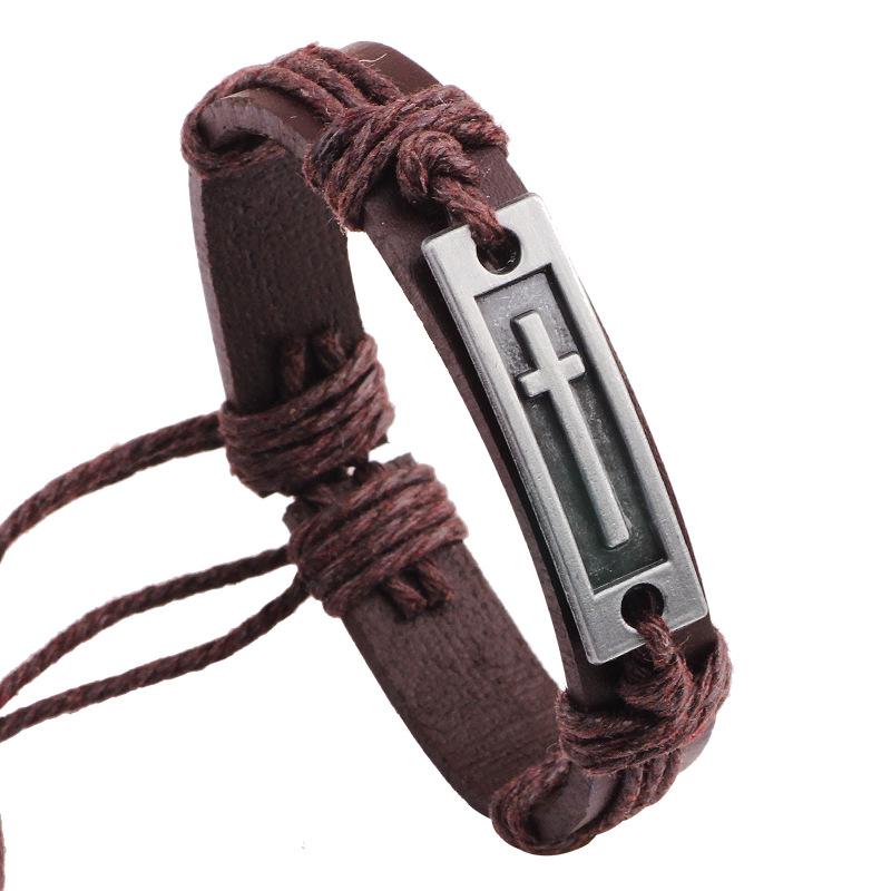 European and American Style Metal Alloy Cowhide Cross Bracelet - Genuine Leather Men's Jewelry