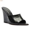 Fashion Women Summer Casual Slides Wedges Pointed Toe Slip On Sandals Black Green Pink Leather One Word High Heel Slippers Large Size 46