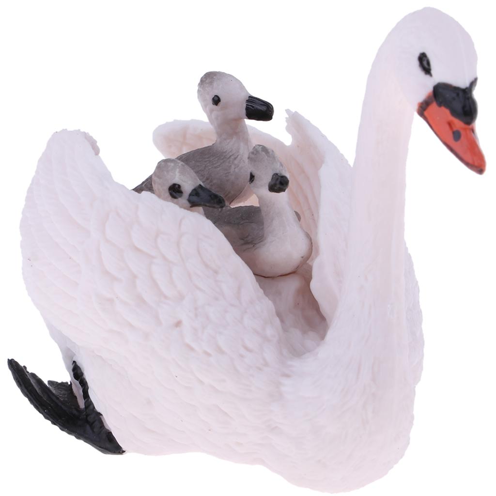 White Swan Figure with Babies On Back Animal Model Set Toy Home Ornaments