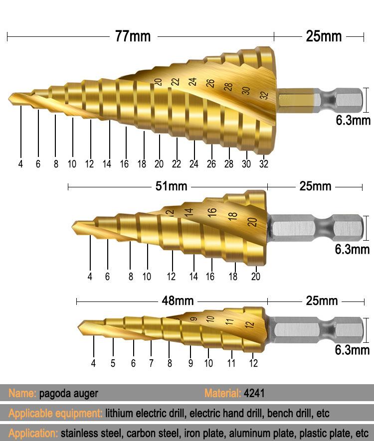HSS Spiral Flute Hex Shank Step Drill Bit, Pagoda Drill for Centering, Punching & Hole Expanding