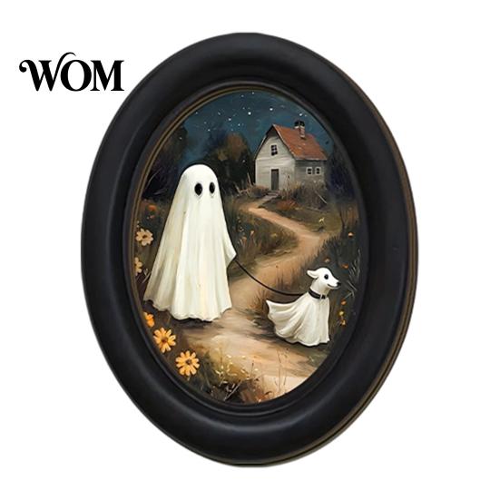 Holiday Gift for Art Lovers Halloween Gothic Oval Wooden Hanging Plaque, Vintage Black Cat Ghost Wall Waterproof Wood Decor Sign, Retro Decorative