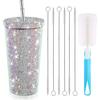 Стакан с шипами и бриллиантами Блестящая бутылка для воды с крышкой Термостакан для соломинки Стакан со стразами и 1 кисточкой для чашки 6 кисточек для соломы