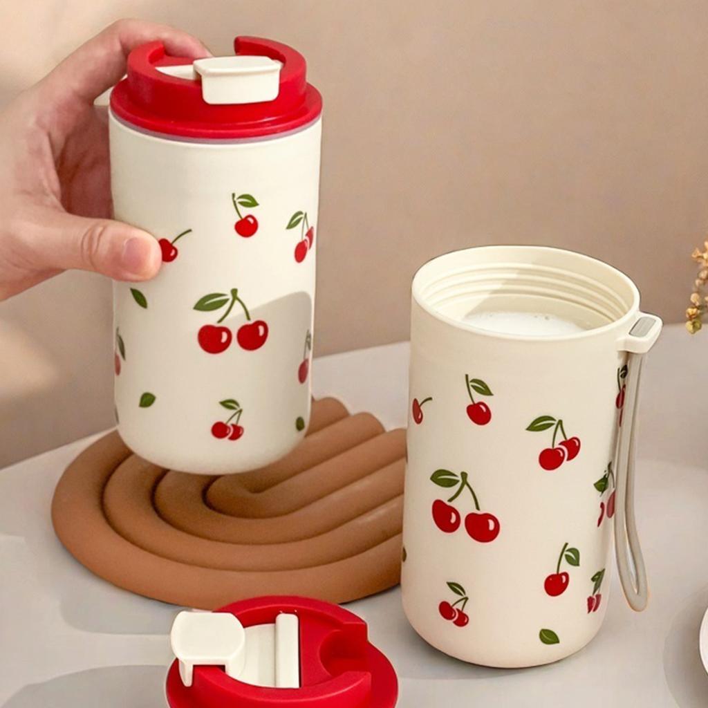 350/400ml Tumbler Plastic Water Cup With Rope Cherry Pattern Milk Coffee Mug Reusable Water Bottle For Student School Travel