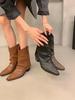 Retro Short Boots Brown Fashionable Western Cowboy Boots Studded Chelsea Tube Boots Women's Shoes