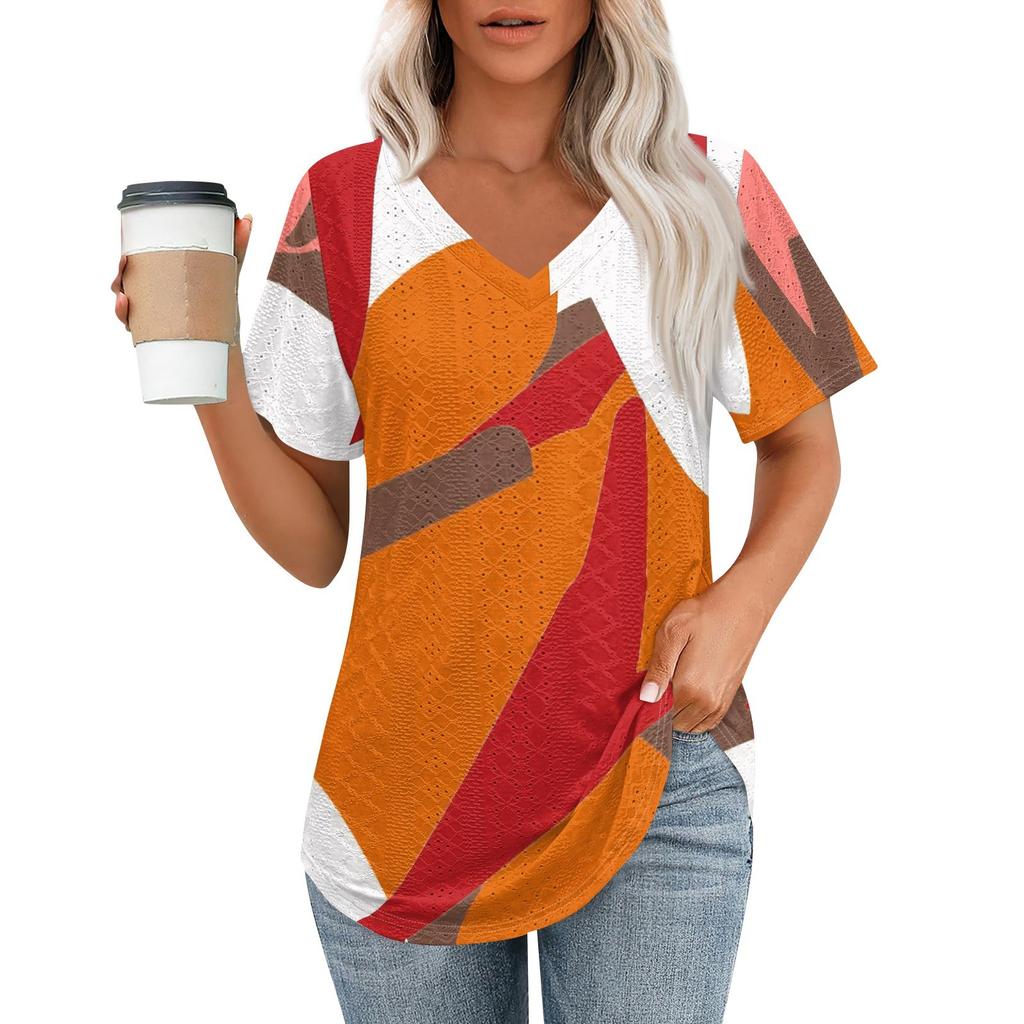 Womens T Shirts V Neck Short Sleeve Casual Tops Loose Fit Basic Tees With Curved Hem