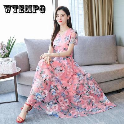 Шифоновое платье с принтом, летняя длинная женская тонкая пляжная юбка с v-образным вырезом, большая юбка, элегантная юбка средней длины для темпераментных танцев