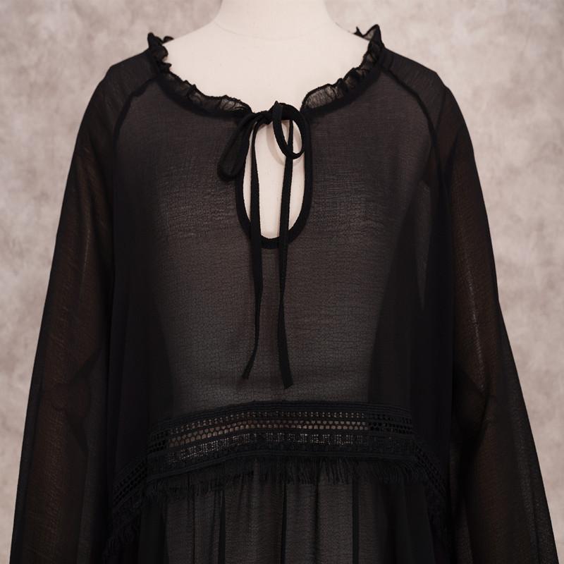 Summer New Beach Bikini Cover-up Sexy V-neck Lace Stitching Micro-sheer Chiffon Skirt Lantern Long-sleeved Loose Women's Swimwear Cover-up Q1056