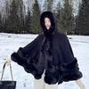 Зимняя шаль с меховым воротником и двойным капюшоном - Толстый плащ с бархатной подкладкой для дополнительного тепла