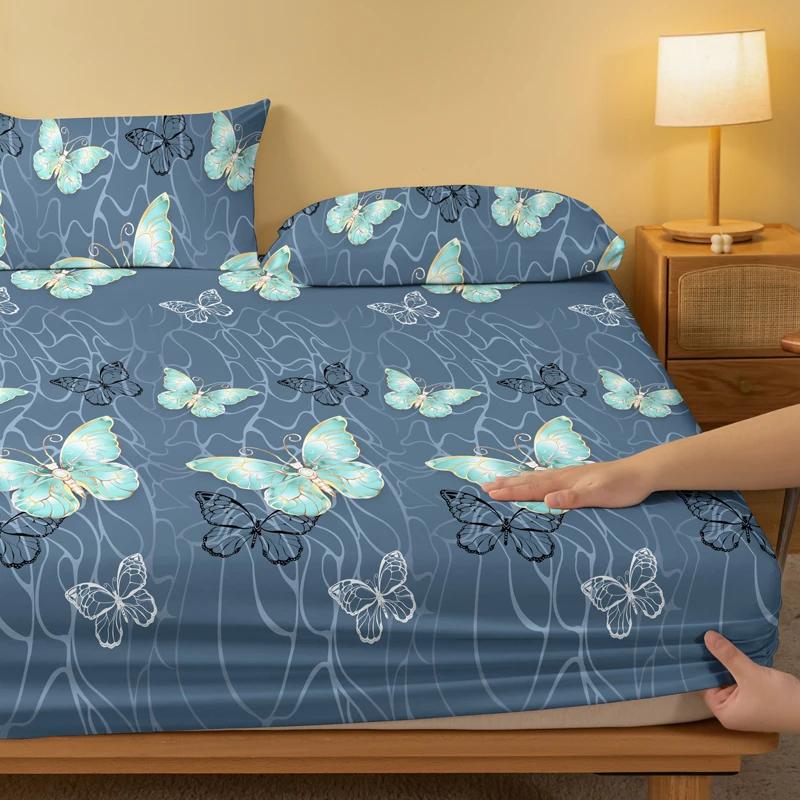 1 Simple Modern Butterfly Printed Matte Fitted Sheet, Bedroom Printed Bed Cover, Bedding (Excluding Pillowcases)