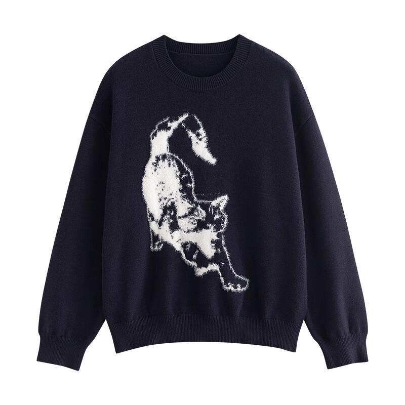 Chuyu Women's Cat Jacquard Round Neck Sweater